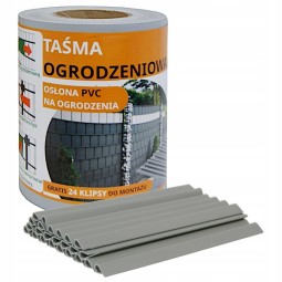 Szürke kerítésszalag 19 cm x 35 m UV csíptetőkkel