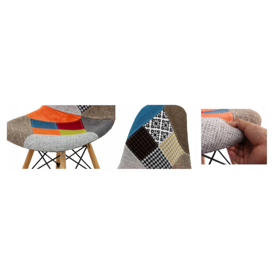 Kék színű, patchwork steppeléssel ellátott szék.