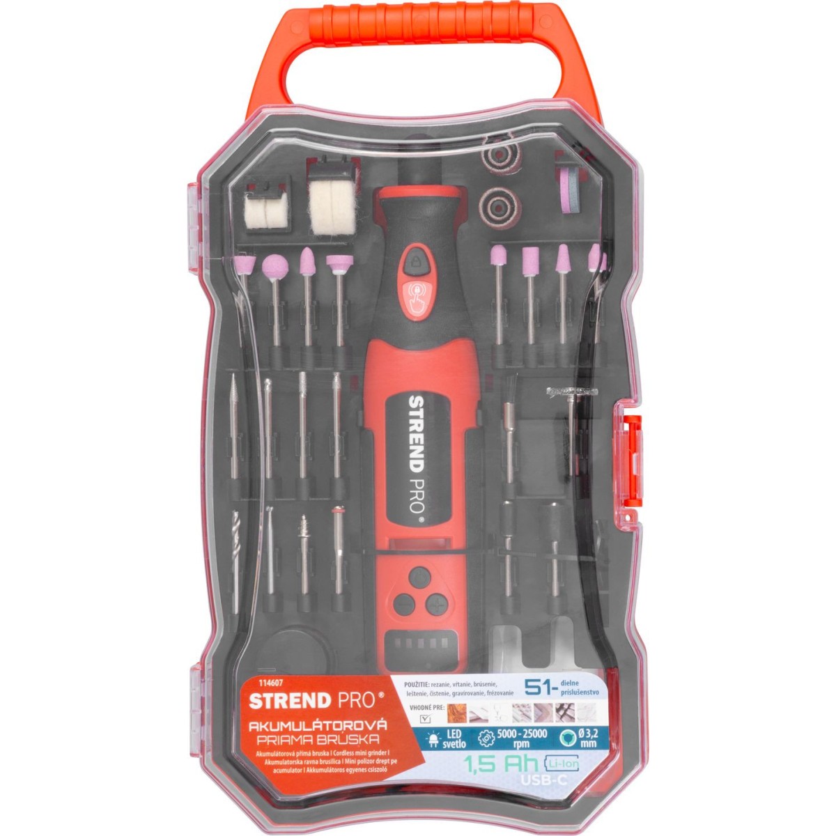 Egyenes mini csiszoló, fúrás és csiszolás tartozékokkal, 8 V, 1500 mAh