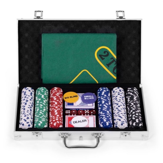 Blackjack pókerkészlet, 300 zsetonnal, 2 pakli kártyával zárható bőröndben