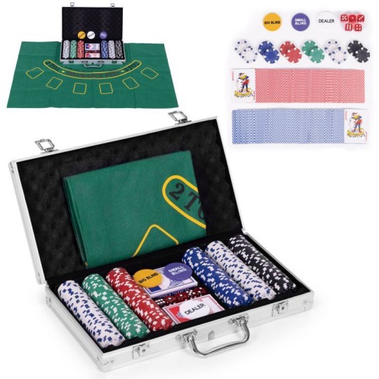 Blackjack pókerkészlet, 300 zsetonnal, 2 pakli kártyával zárható bőröndben