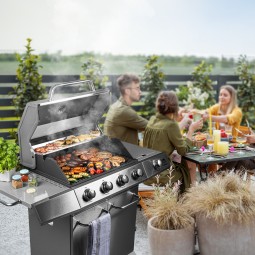 Gázgrill dragON BBQ201, 18,8 kW teljesítményű, ezüstszínű, hőmérővel és fedéllel