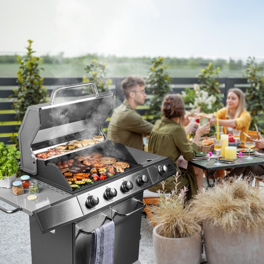 Gázgrill dragON BBQ201, 18,8 kW teljesítményű, ezüstszínű, hőmérővel és fedéllel