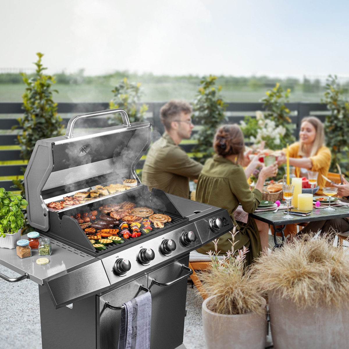 Gázgrill dragON BBQ201, 18,8 kW teljesítményű, ezüstszínű, hőmérővel és fedéllel