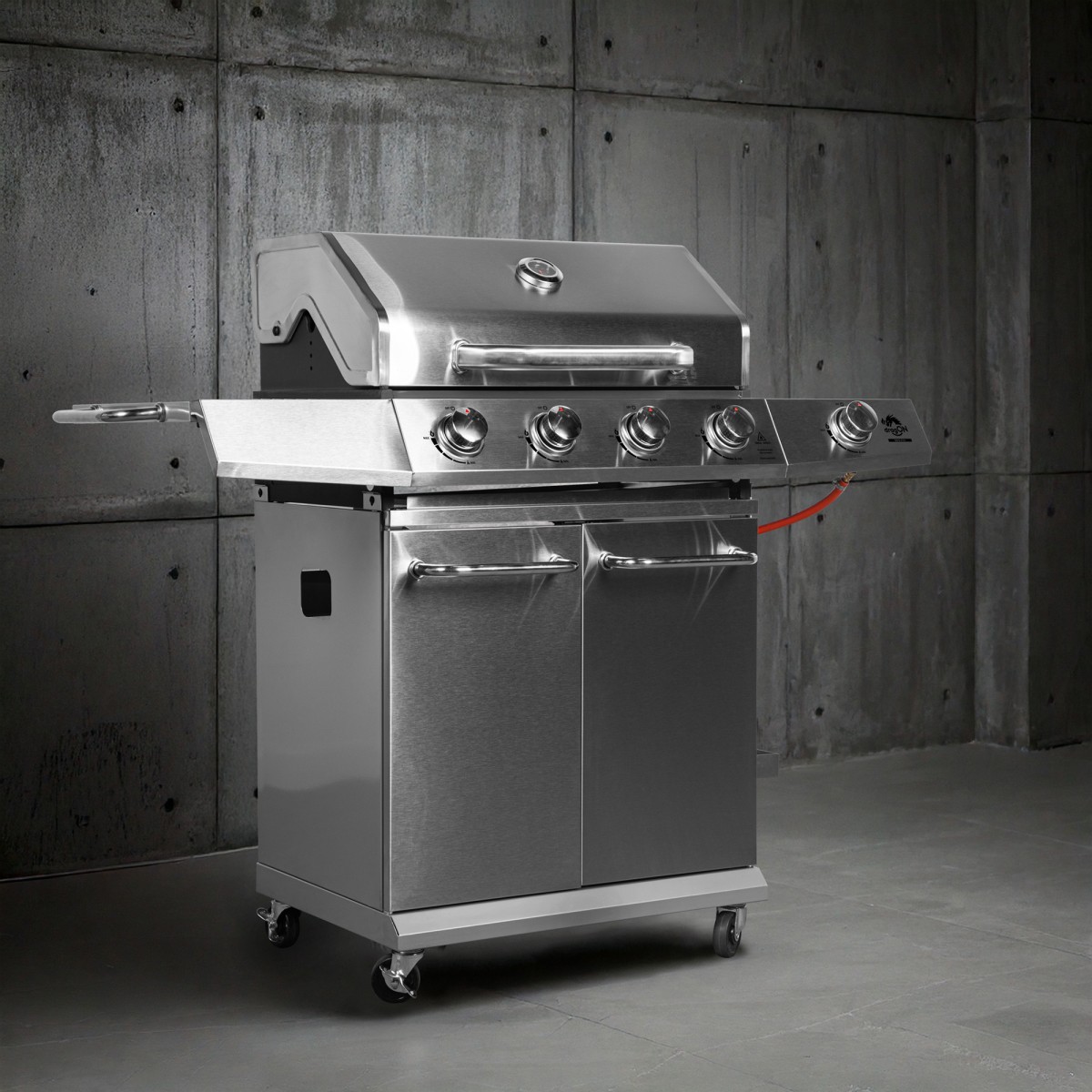 Gázgrill dragON BBQ201, 18,8 kW teljesítményű, ezüstszínű, hőmérővel és fedéllel