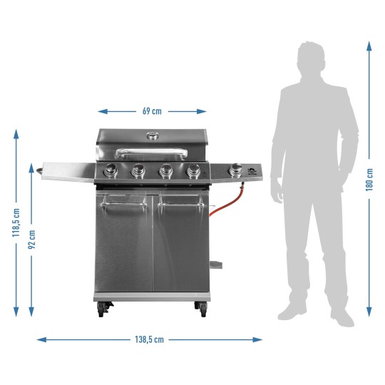 Gázgrill dragON BBQ201, 18,8 kW teljesítményű, ezüstszínű, hőmérővel és fedéllel