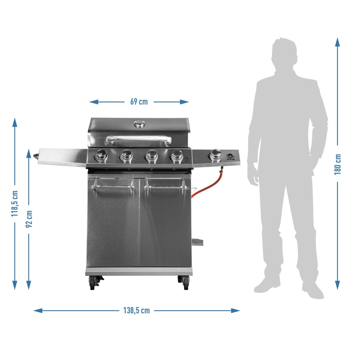 Gázgrill dragON BBQ201, 18,8 kW teljesítményű, ezüstszínű, hőmérővel és fedéllel
