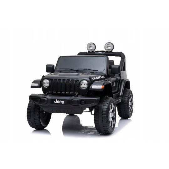Gyermek elektromos autó Jeep Wrangler fekete színben, bőrüléssel és EVA kerekekkel.