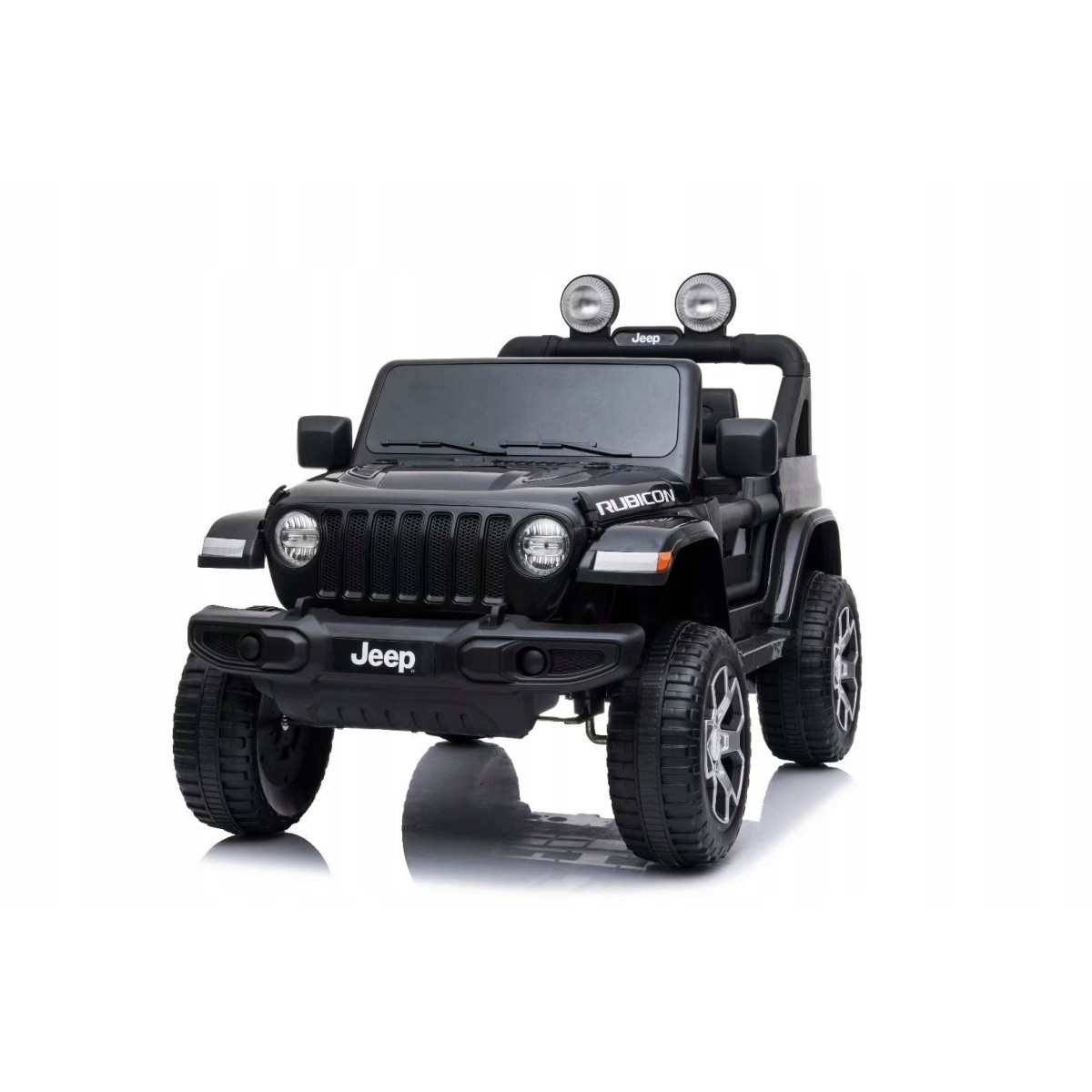 Gyermek elektromos autó Jeep Wrangler fekete színben, bőrüléssel és EVA kerekekkel.