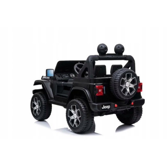 Gyermek elektromos autó Jeep Wrangler fekete színben, bőrüléssel és EVA kerekekkel.