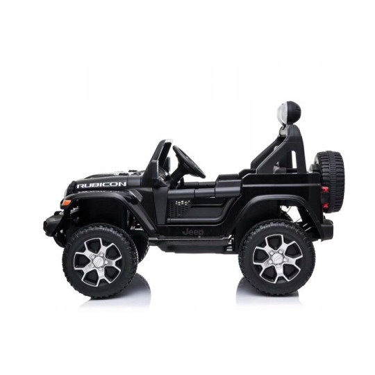 Gyermek elektromos autó Jeep Wrangler fekete színben, bőrüléssel és EVA kerekekkel.