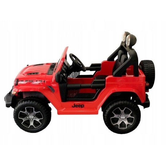 Gyerek elektromos autó Jeep Wrangler piros színben bőr üléssel és EVA kerekekkel