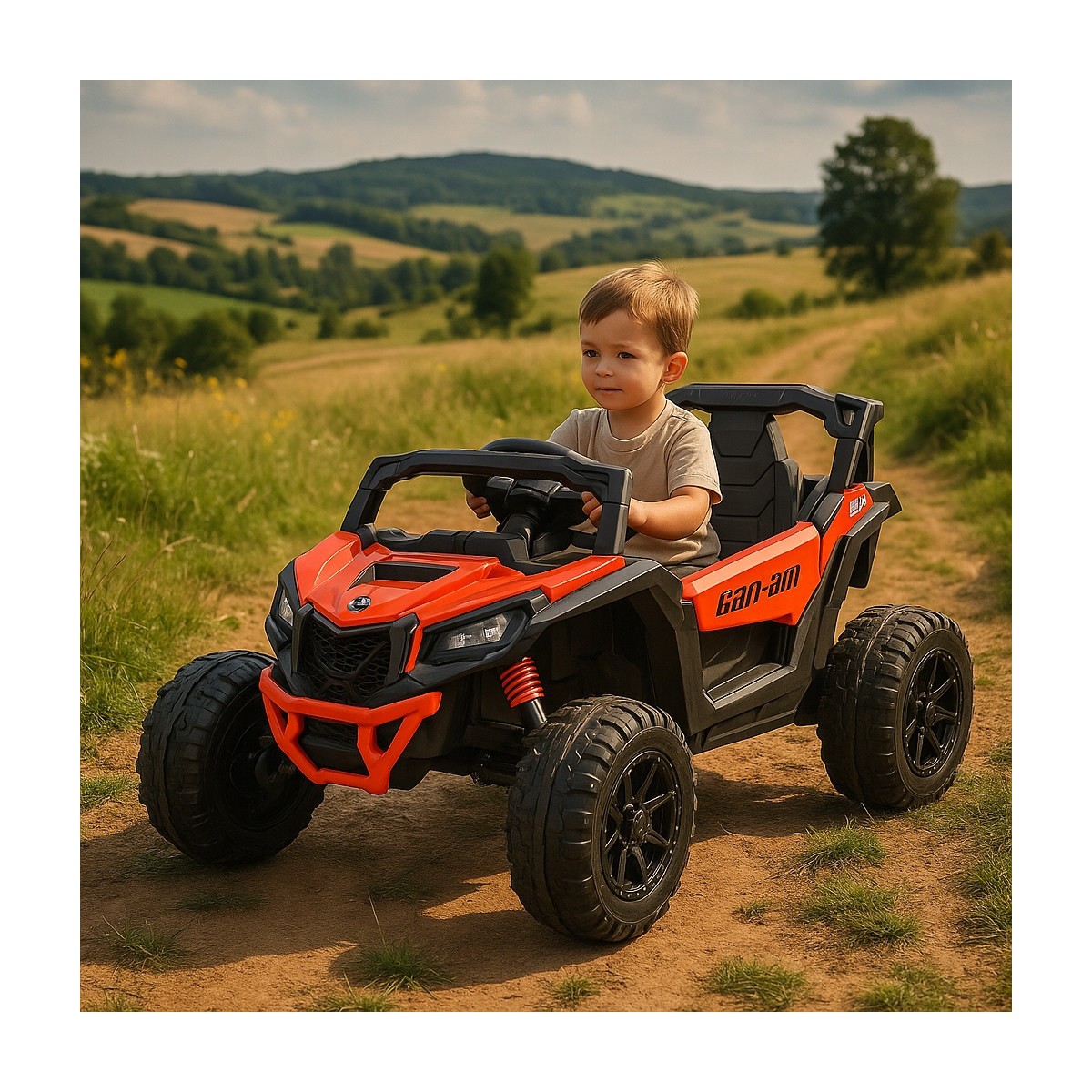 Gyermekeknek szánt CAN-AM Maverick UTV elektromos autó 24 V, piros színben, EVA kerekekkel, 4×4 meghajtással