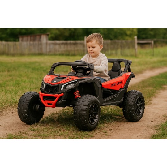 Gyermekeknek szánt CAN-AM Maverick UTV elektromos autó 24 V, piros színben, EVA kerekekkel, 4×4 meghajtással