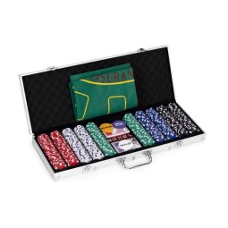 Póker és blackjack készlet – 500 darab zseton, 2 kártyapakli, dobókockák, játékszőnyeg és bőrönd