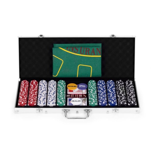 Póker és blackjack készlet – 500 darab zseton, 2 kártyapakli, dobókockák, játékszőnyeg és bőrönd