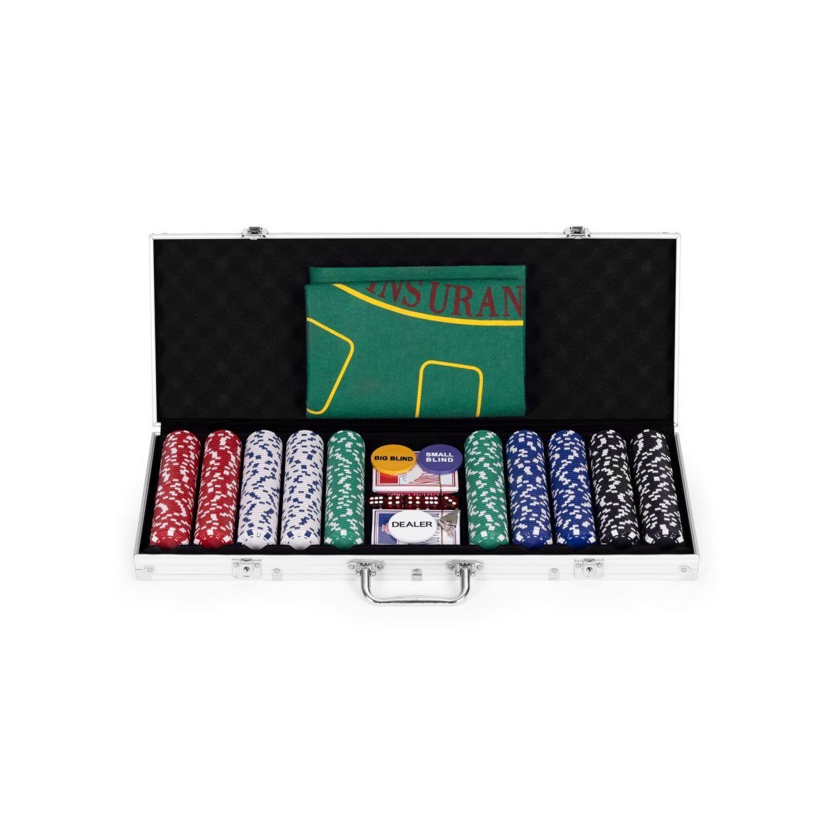 Póker és blackjack készlet – 500 darab zseton, 2 kártyapakli, dobókockák, játékszőnyeg és bőrönd