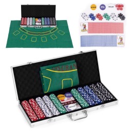 Póker és blackjack készlet – 500 darab zseton, 2 kártyapakli, dobókockák, játékszőnyeg és bőrönd