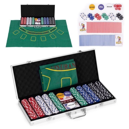 Póker és blackjack készlet – 500 darab zseton, 2 kártyapakli, dobókockák, játékszőnyeg és bőrönd