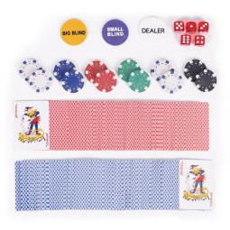 Póker és blackjack készlet – 500 darab zseton, 2 kártyapakli, dobókockák, játékszőnyeg és bőrönd