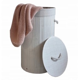 Fehér bambusz kerek ruháskosár fedéllel, 60 l