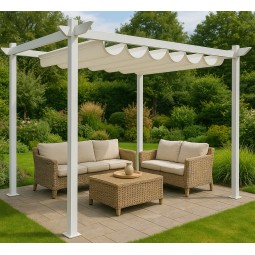 3x4 m-es fém kerti pergola teraszra, tetős pavilon, fehér szerkezet és tető