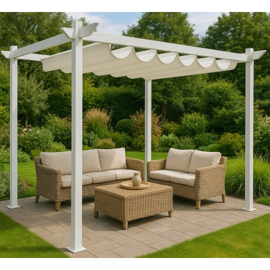 3x4 m-es fém kerti pergola teraszra, tetős pavilon, fehér szerkezet és tető