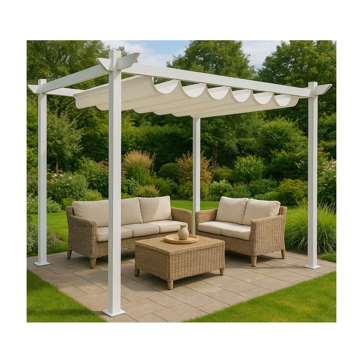 3x4 m-es fém kerti pergola teraszra, tetős pavilon, fehér szerkezet és tető