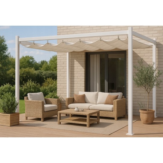 3x4 m-es fém kerti pergola teraszra, tetős pavilon, fehér szerkezet és tető