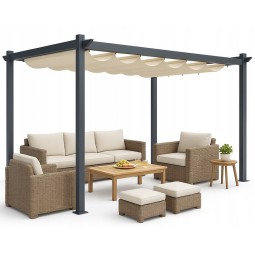 Fém kerti pergola 3×4 m-es méretben teraszra, tetős pavilon, szürke szerkezet, bézs tető