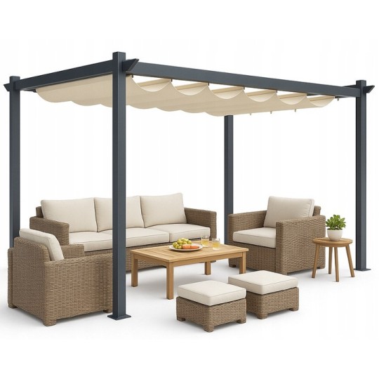 Fém kerti pergola 3×4 m-es méretben teraszra, tetős pavilon, szürke szerkezet, bézs tető