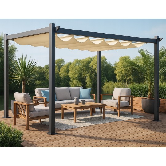 Fém kerti pergola 3×4 m-es méretben teraszra, tetős pavilon, szürke szerkezet, bézs tető