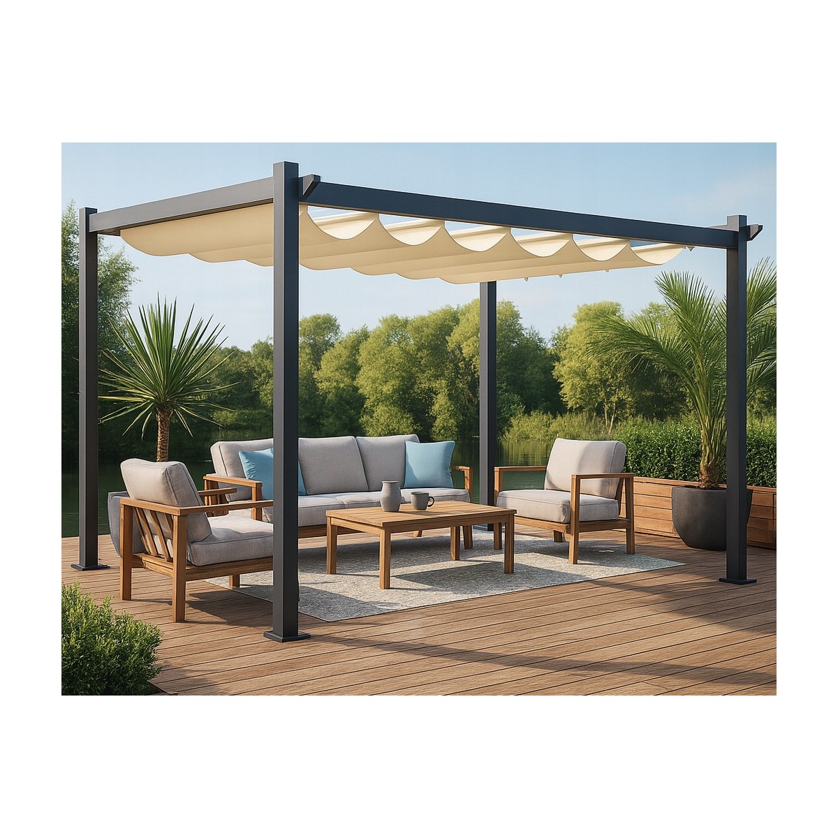 Fém kerti pergola 3×4 m-es méretben teraszra, tetős pavilon, szürke szerkezet, bézs tető