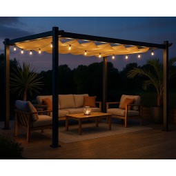 Fém kerti pergola 3×4 m-es méretben teraszra, tetős pavilon, szürke szerkezet, bézs tető
