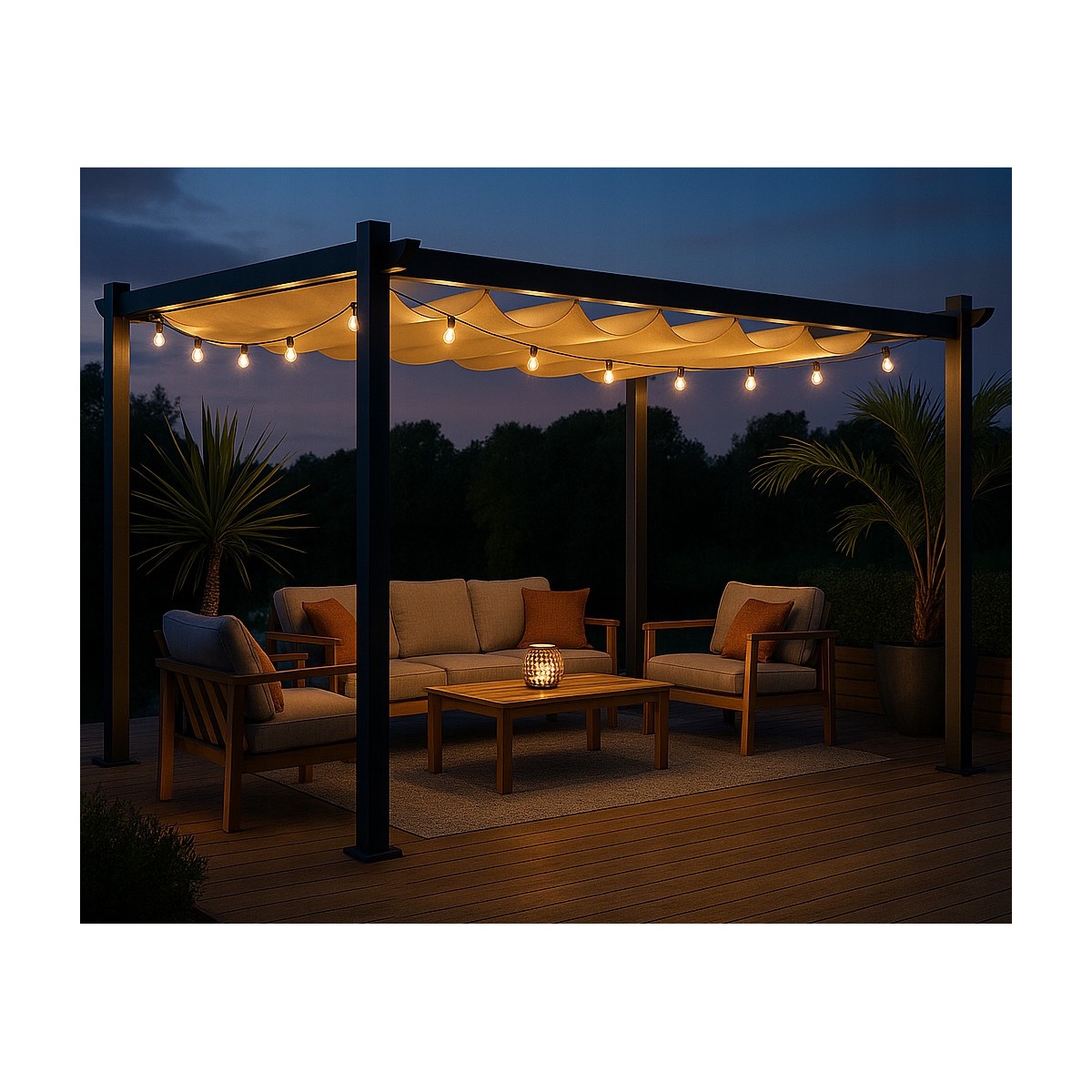 Fém kerti pergola 3×4 m-es méretben teraszra, tetős pavilon, szürke szerkezet, bézs tető