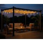 Fém kerti pergola 3×4 m-es méretben teraszra, tetős pavilon, szürke szerkezet, bézs tető