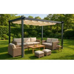 Fém kerti pergola 3×4 m-es méretben teraszra, tetős pavilon, szürke szerkezet, bézs tető