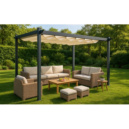 Fém kerti pergola 3×4 m-es méretben teraszra, tetős pavilon, szürke szerkezet, bézs tető