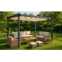 Fém kerti pergola 3×4 m-es méretben teraszra, tetős pavilon, szürke szerkezet, bézs tető