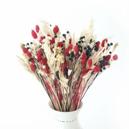 Piros-kék színű szárított virágcsokrok – zab, len, phalaris