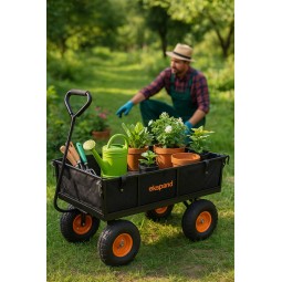 Fekete színű, 300 kg teherbírású kerti kocsi