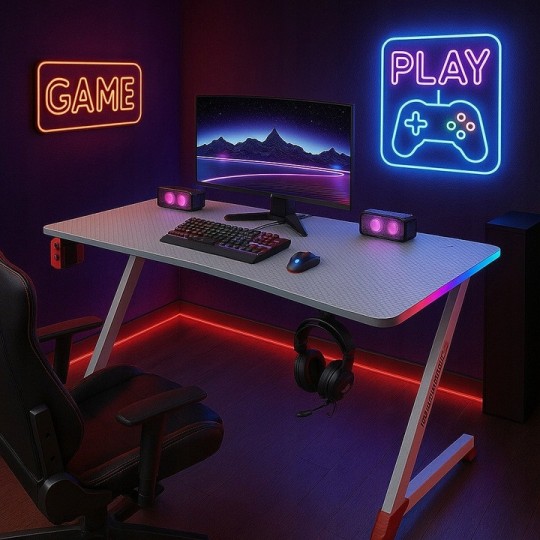 Modern gamer számítógépasztal játékosoknak, 120 cm, LED, fehér