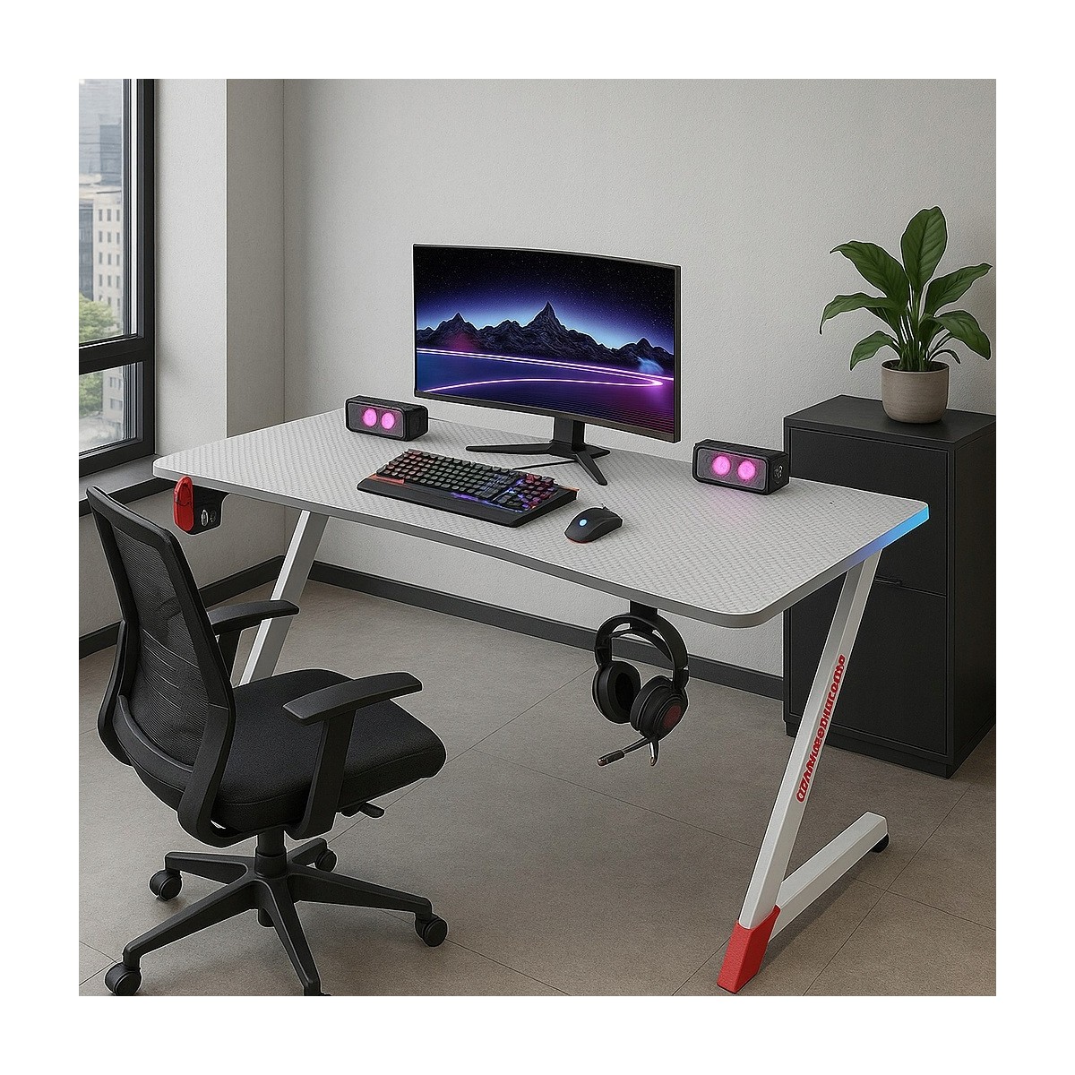 Modern gamer számítógépasztal játékosoknak, 120 cm, LED, fehér