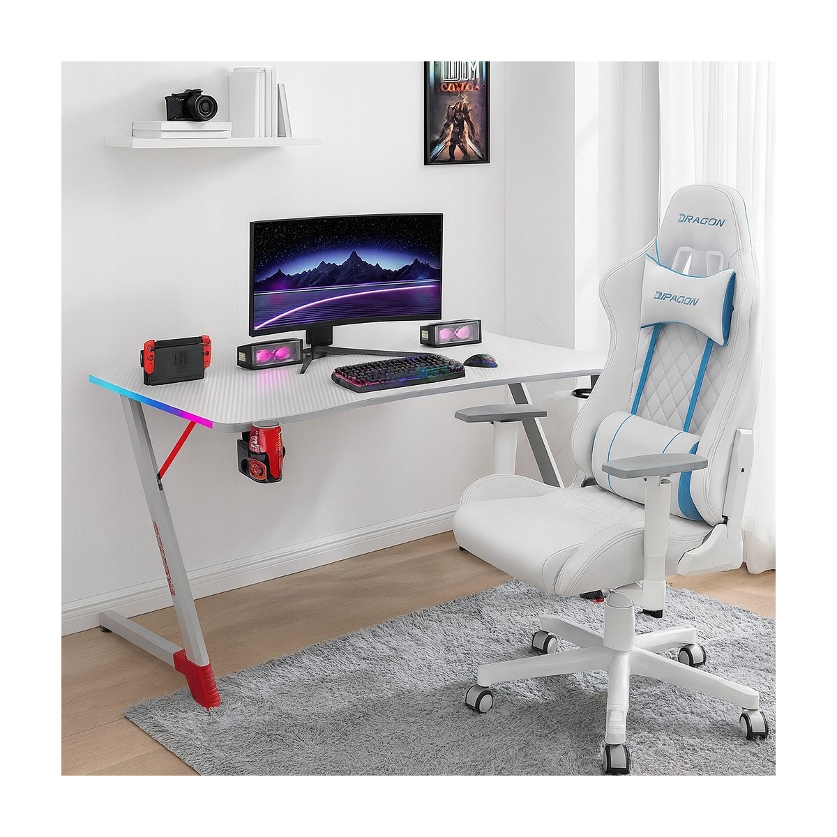 Fehér gamer asztal LED háttérvilágítással, 140 cm