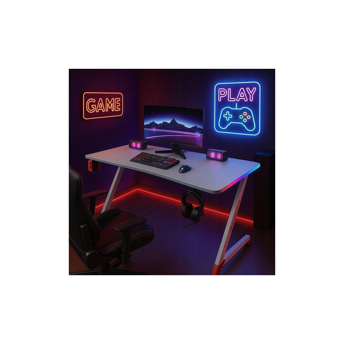 Fehér gamer asztal LED háttérvilágítással, 140 cm