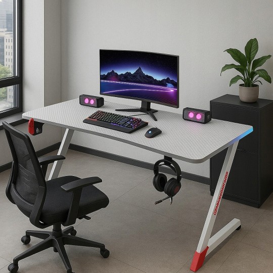 Fehér gamer asztal LED háttérvilágítással, 140 cm