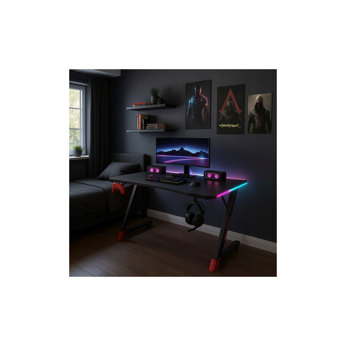 Modern játékasztal fekete színben, 140 cm, LED