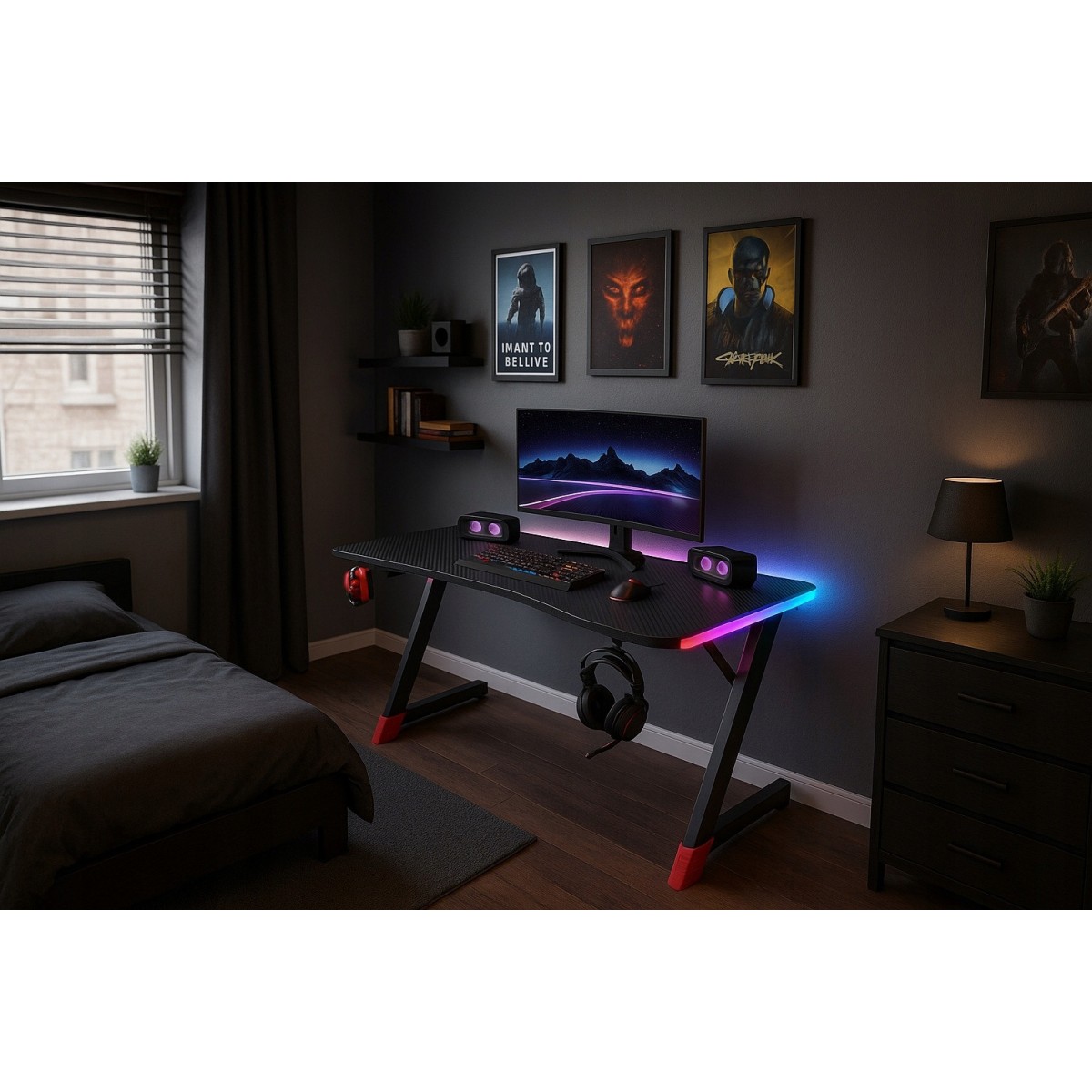 Gamer asztal LED háttérvilágítással, fekete színben, 120 cm