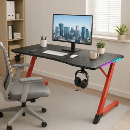 Fekete gamer asztal piros lábakkal, 120 cm, LED
