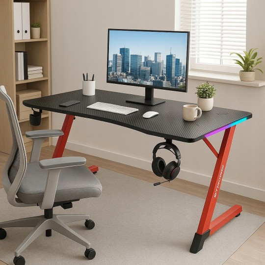 Fekete gamer asztal piros lábakkal, 120 cm, LED